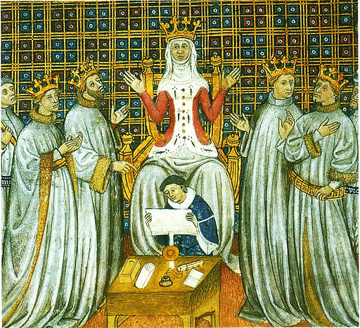 The partition of the Frankish kingdom among the four sons of Clovis with Clotilde presiding