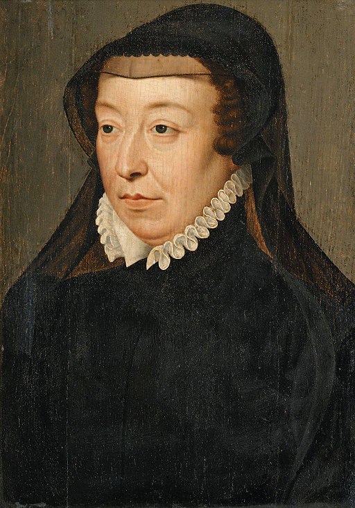 Catherine de' Medici wears the black cap and veil of widow.